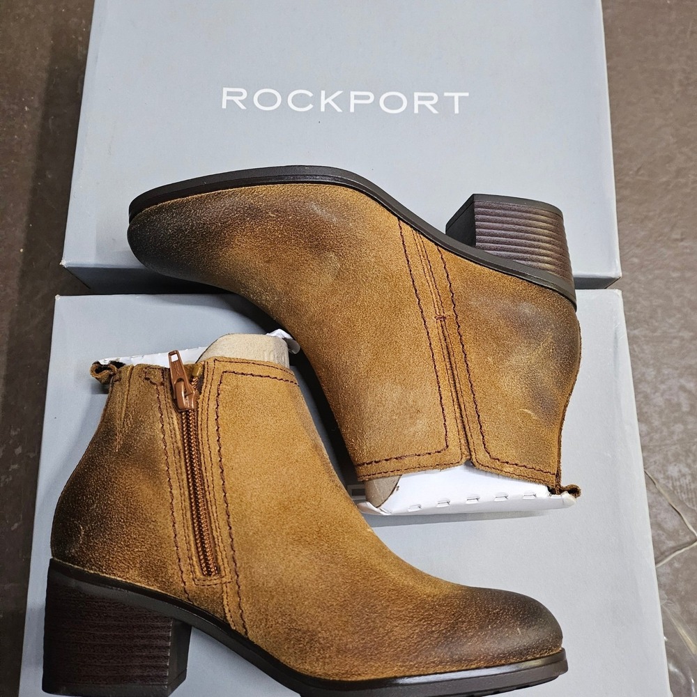 Rockport Dorset Side Zipper Ankle Boots Brown Suede Block Heel Women 6.5W CH0266